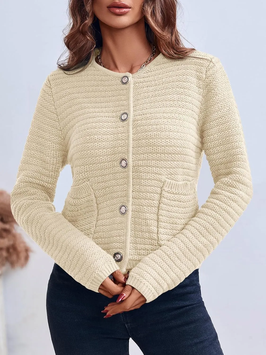 Saodimallsu Women's Cropped Cardigan Sweaters 2024 Fall Chunky Knit Open Front Button Down Long Sleeve Knitted Jacket