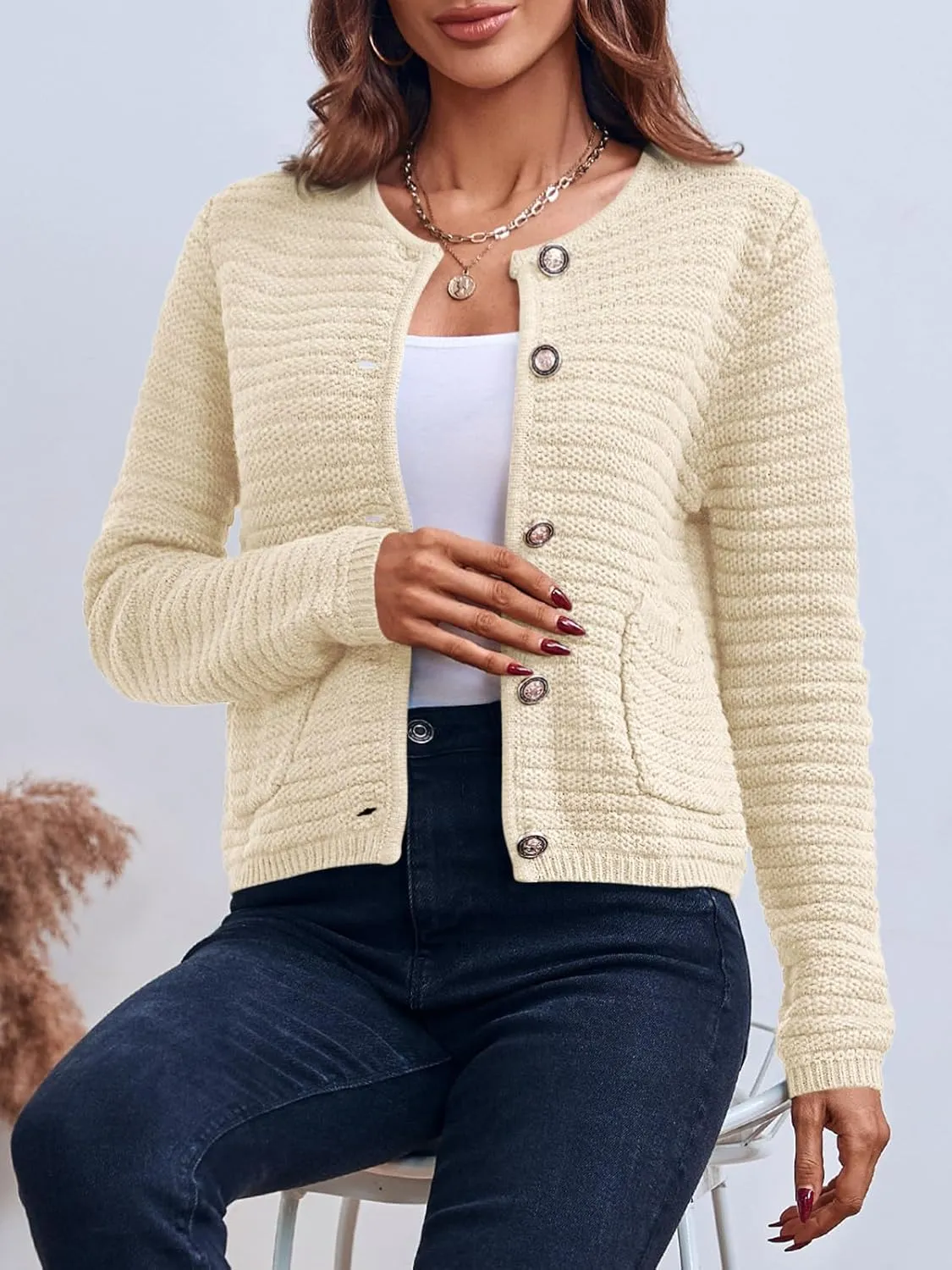 Saodimallsu Women's Cropped Cardigan Sweaters 2024 Fall Chunky Knit Open Front Button Down Long Sleeve Knitted Jacket