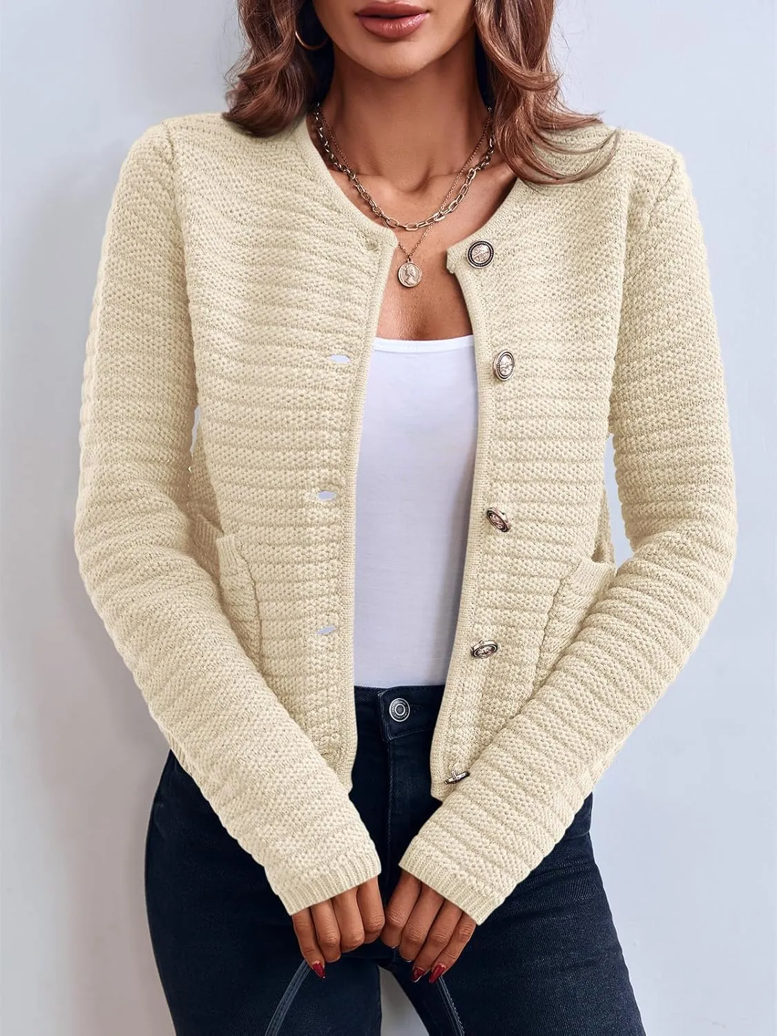 Saodimallsu Women's Cropped Cardigan Sweaters 2024 Fall Chunky Knit Open Front Button Down Long Sleeve Knitted Jacket