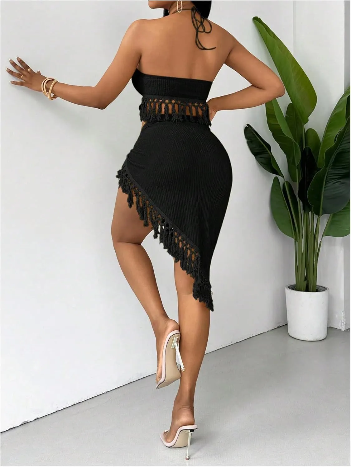 SHENHE Women's Fringe 2 Piece Vacation Outfits Halter Crop Top and Twisted Slit Skirt Set