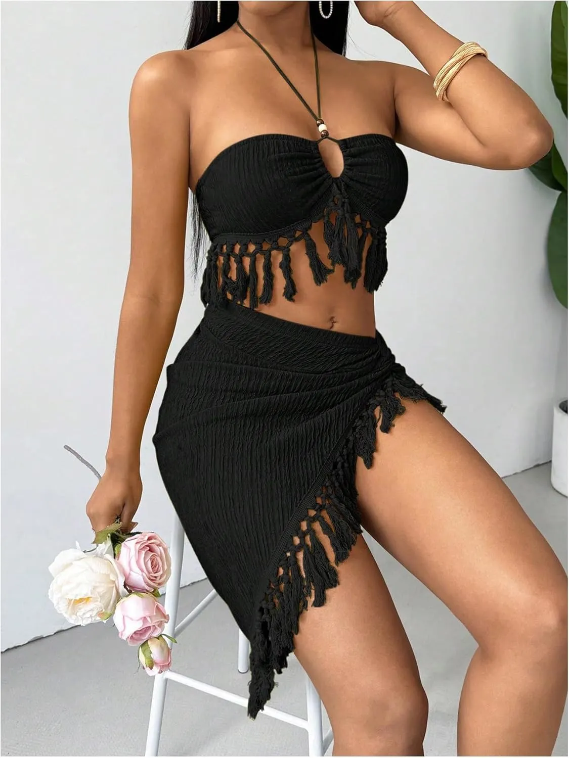 SHENHE Women's Fringe 2 Piece Vacation Outfits Halter Crop Top and Twisted Slit Skirt Set