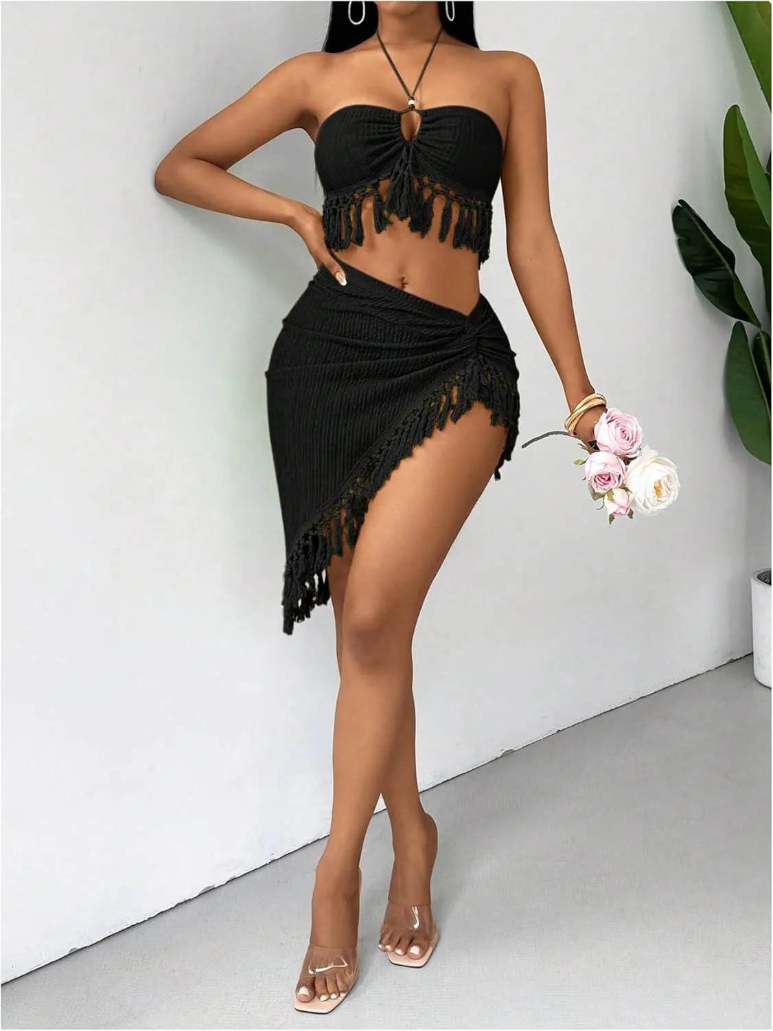 SHENHE Women's Fringe 2 Piece Vacation Outfits Halter Crop Top and Twisted Slit Skirt Set