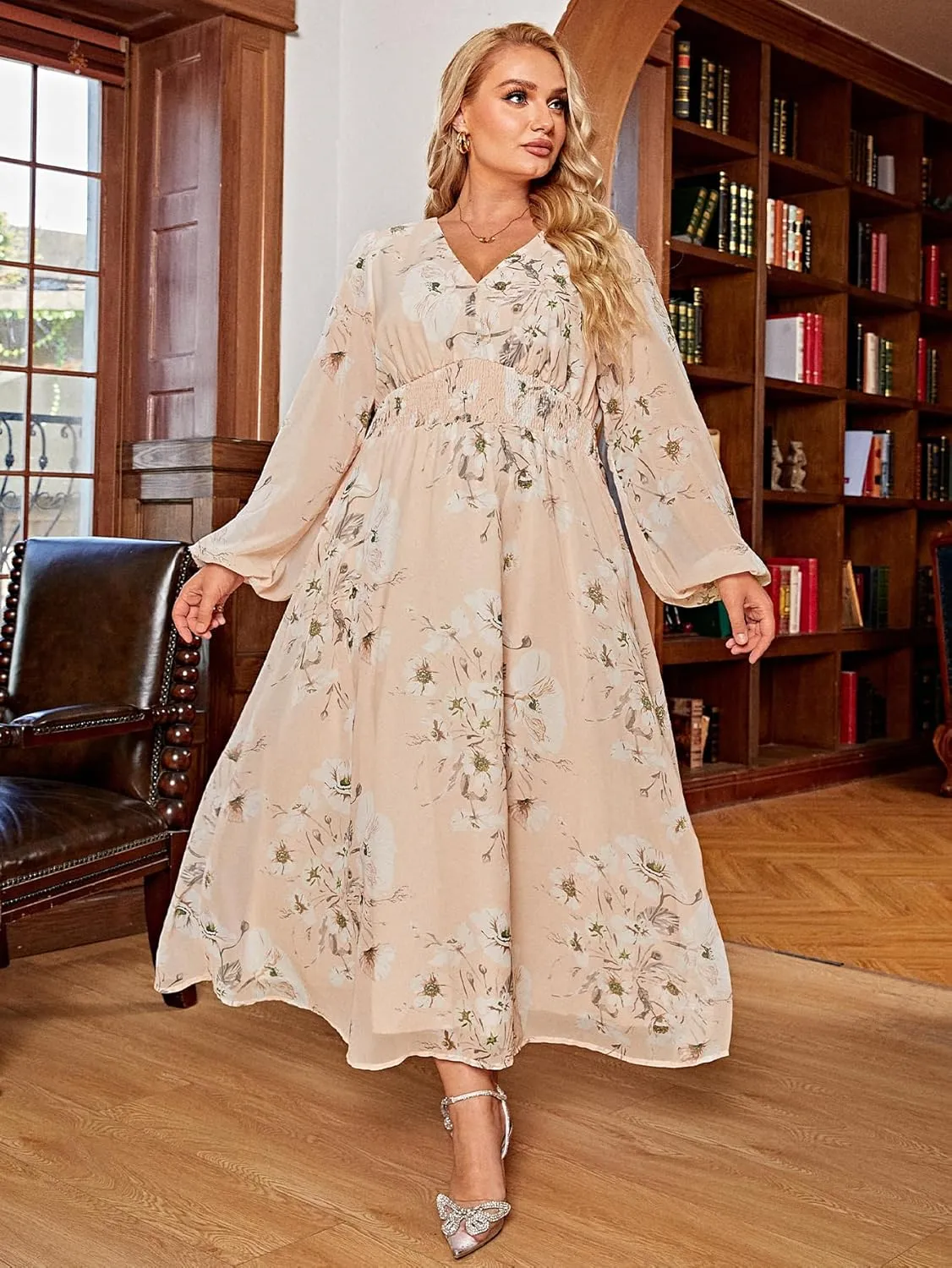 Simplee Women's Boho Floral Maxi Dress Flowy Casual V Neck Short Sleeve Wedding Guest Holiday Beach Long Dress