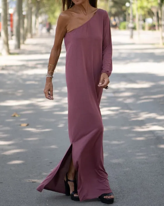 Solid Color Loose Sloping Shoulder Dress