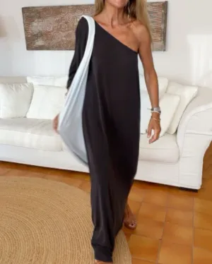 Solid Color Loose Sloping Shoulder Dress