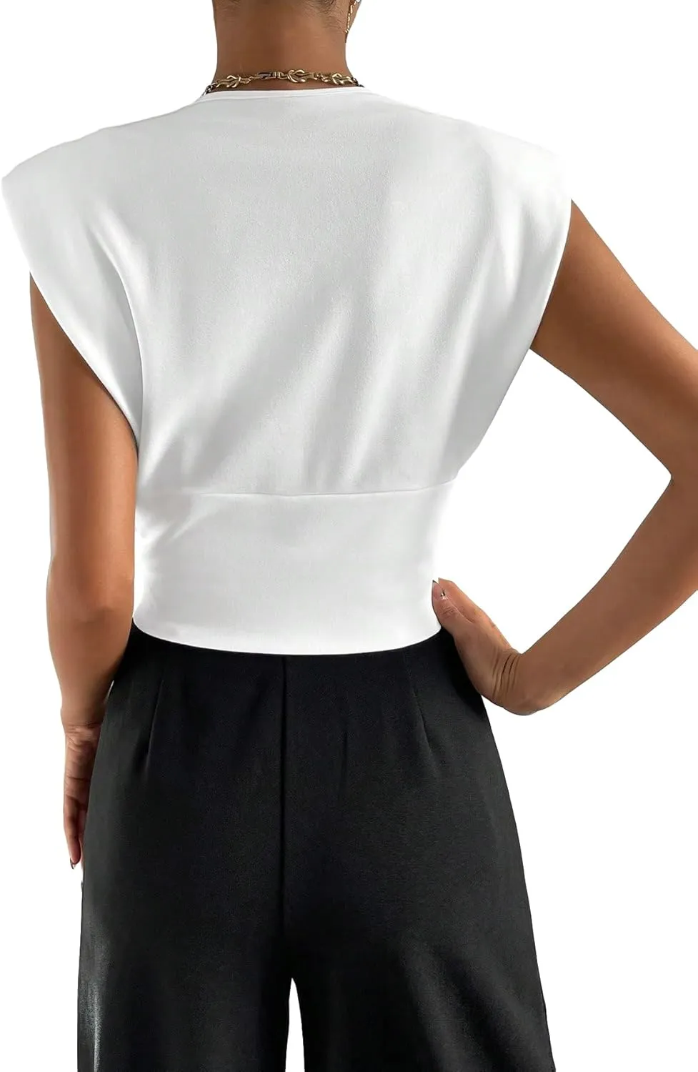 SweatyRocks Women's V Neck Padded Shoulder Solid Color Ruched Crop Top Tee Shirt