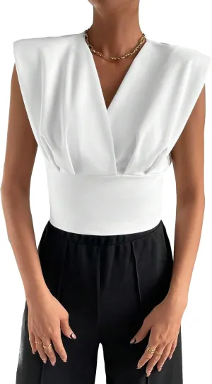 SweatyRocks Women's V Neck Padded Shoulder Solid Color Ruched Crop Top Tee Shirt