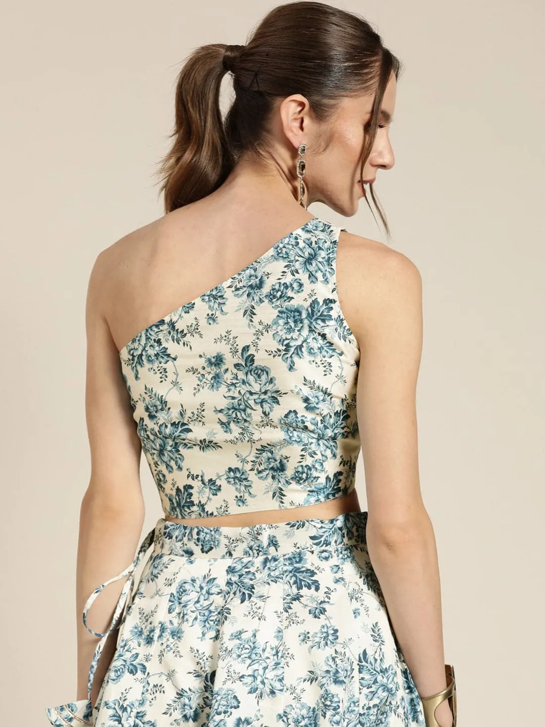Women Blue Floral Chanderi One Shoulder Crop Top