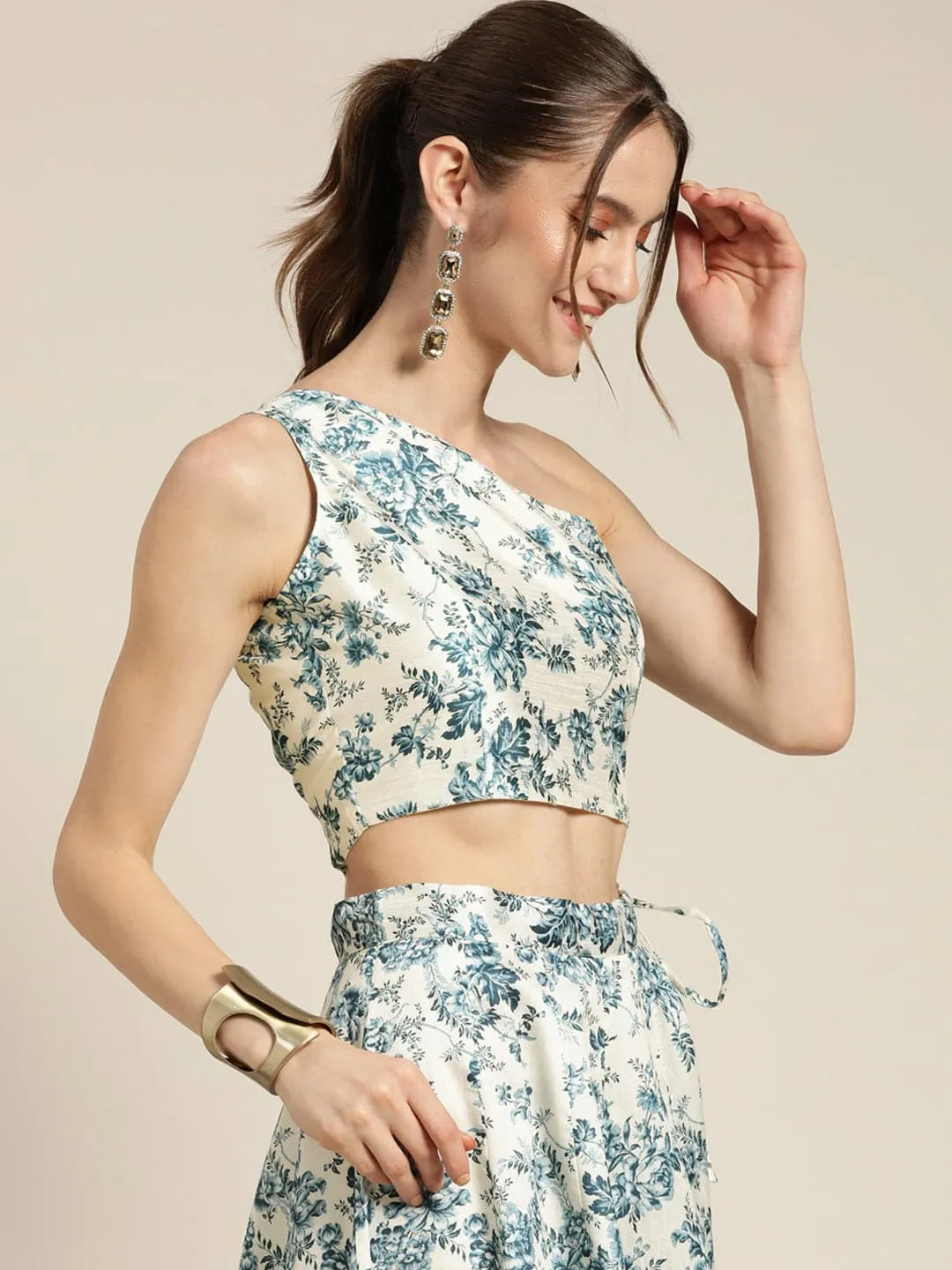 Women Blue Floral Chanderi One Shoulder Crop Top