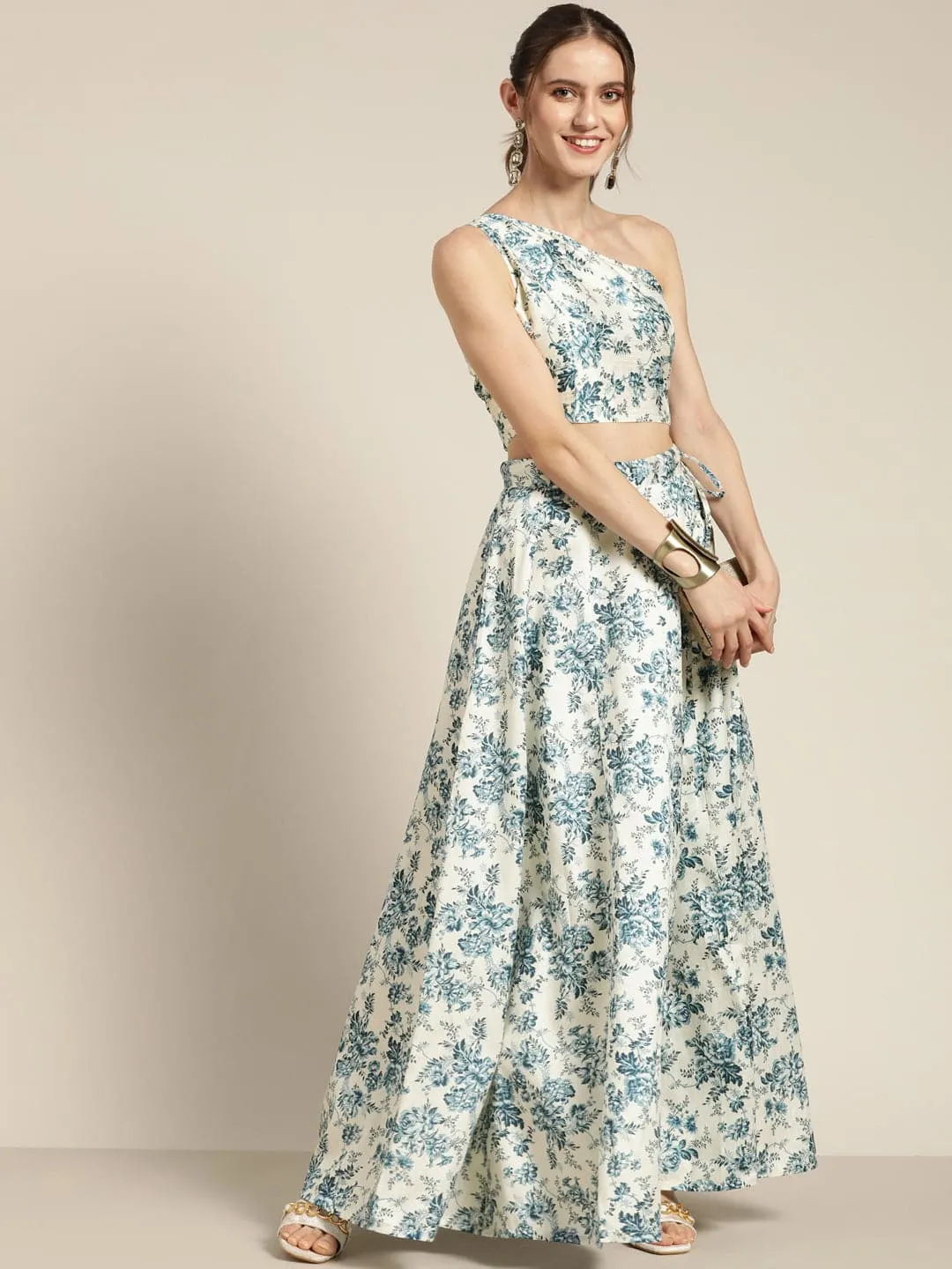 Women Blue Floral Chanderi One Shoulder Crop Top