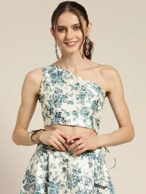Women Blue Floral Chanderi One Shoulder Crop Top