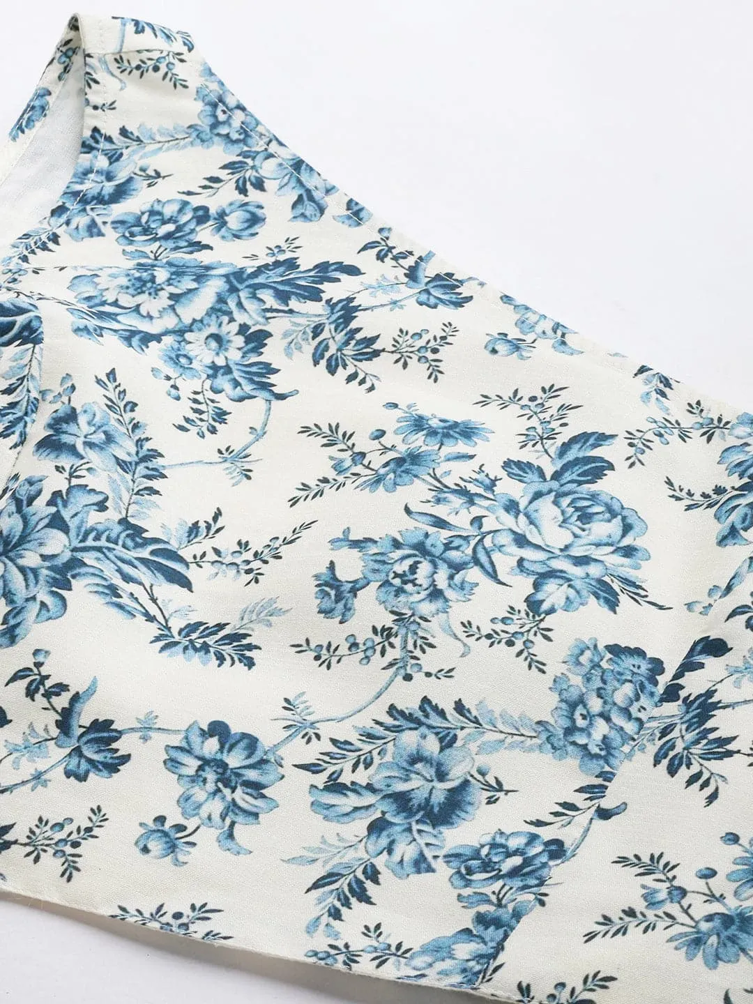 Women Blue Floral Chanderi One Shoulder Crop Top