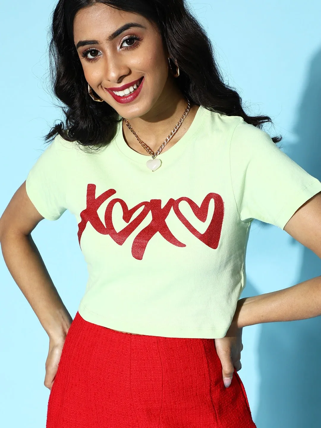 Women Green Xoxo Crop T-Shirt
