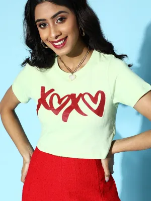 Women Green Xoxo Crop T-Shirt