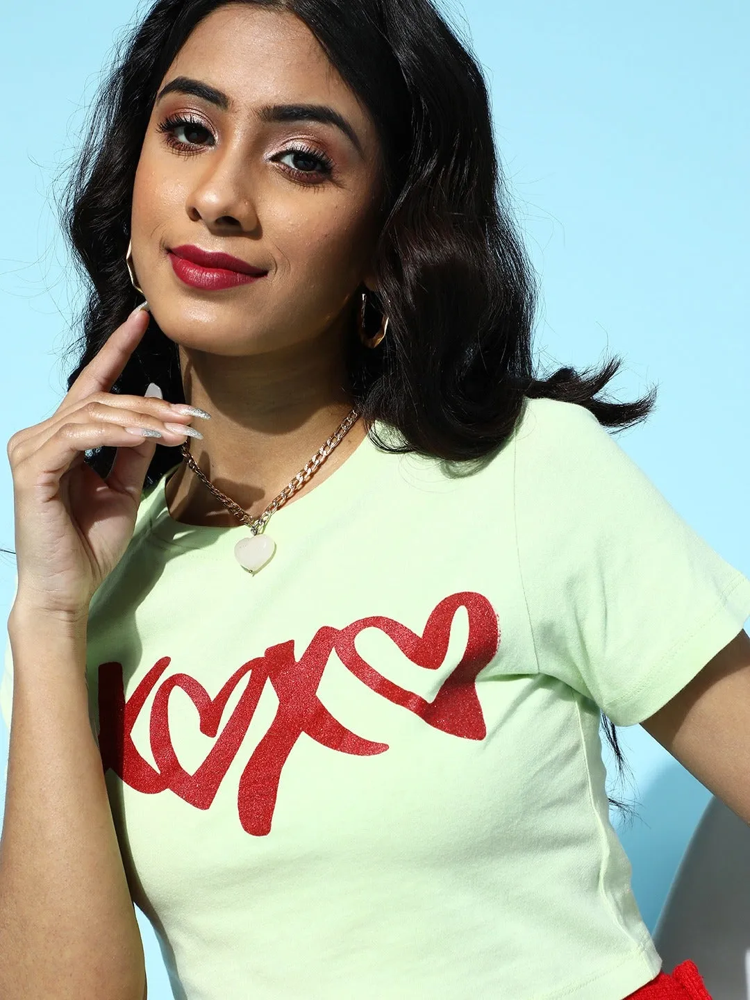 Women Green Xoxo Crop T-Shirt