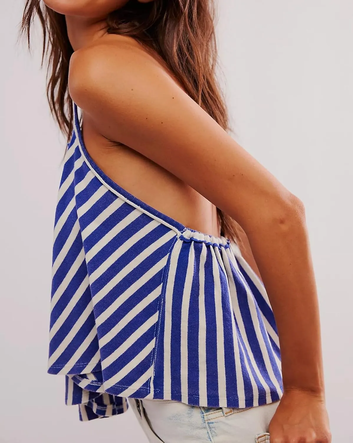Women Striped Halter Tank Tops Casual Loose Sleeveless Tie Back Smocked Shirt Backless Flared Y2K Summer Cami Top