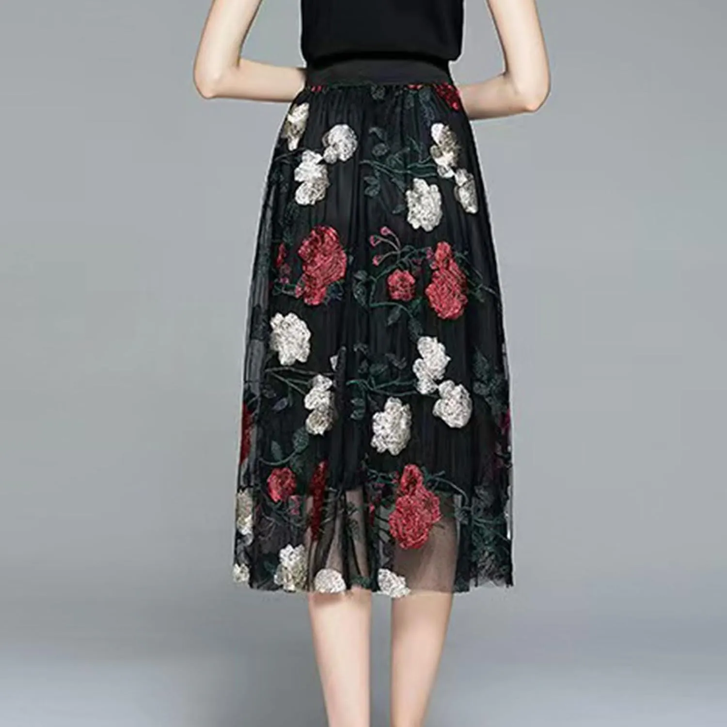 Women Vintage Floral Embroidered Tulle Midi Skirt Retro 50s Party Elastic High Waist Pleated A-line Swing Mesh Skirts