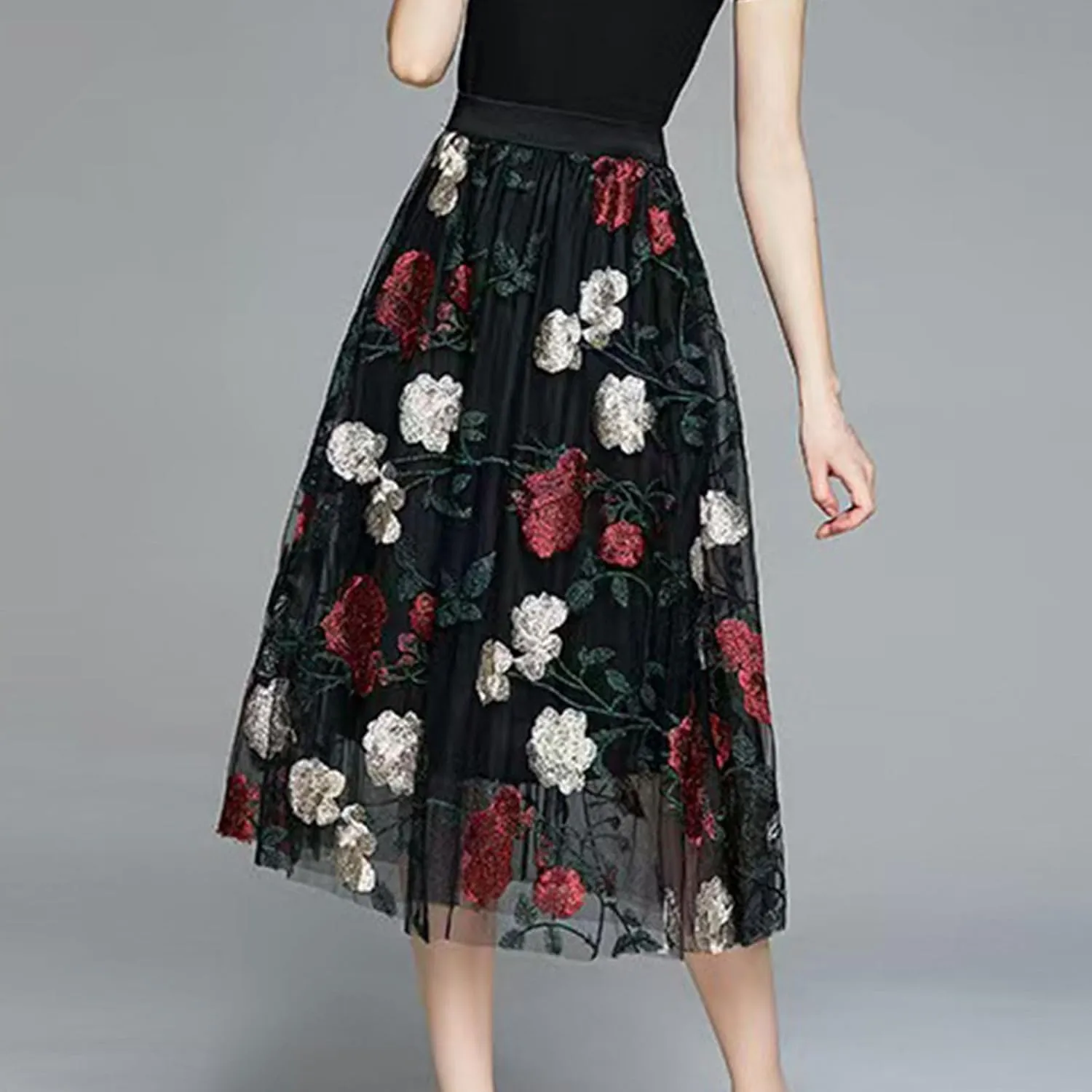 Women Vintage Floral Embroidered Tulle Midi Skirt Retro 50s Party Elastic High Waist Pleated A-line Swing Mesh Skirts