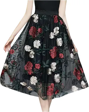 Women Vintage Floral Embroidered Tulle Midi Skirt Retro 50s Party Elastic High Waist Pleated A-line Swing Mesh Skirts