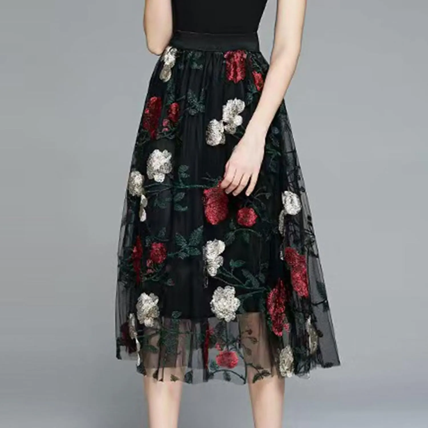 Women Vintage Floral Embroidered Tulle Midi Skirt Retro 50s Party Elastic High Waist Pleated A-line Swing Mesh Skirts