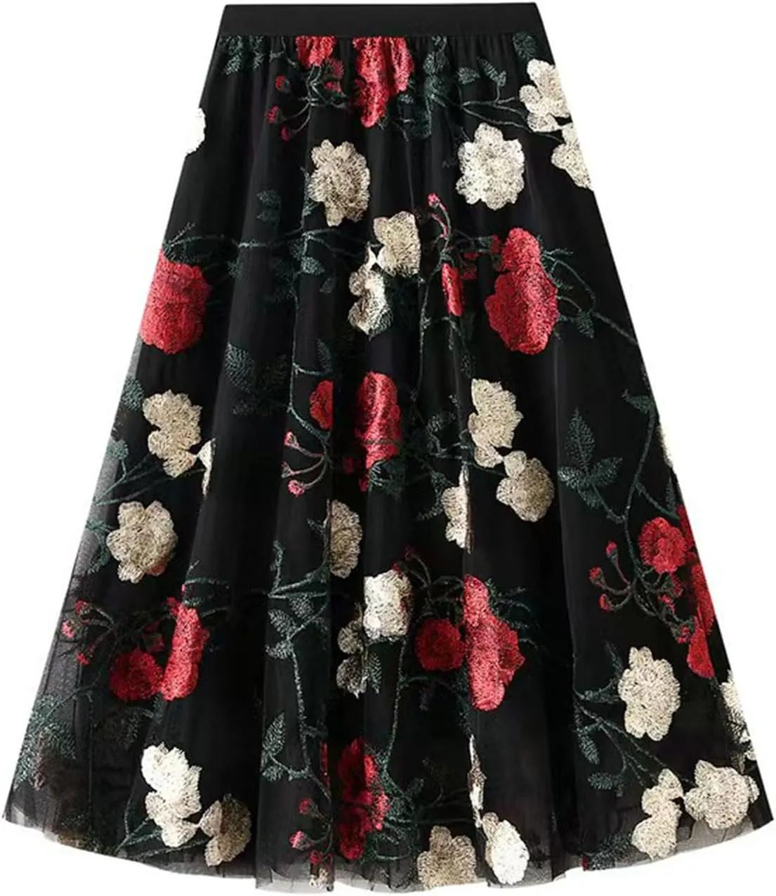 Women Vintage Floral Embroidered Tulle Midi Skirt Retro 50s Party Elastic High Waist Pleated A-line Swing Mesh Skirts