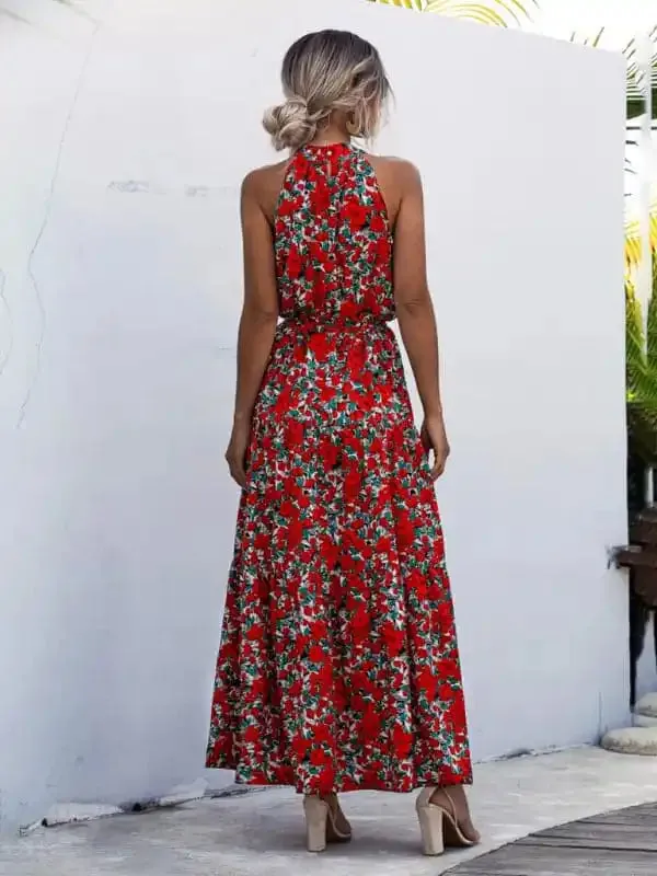 Women’s Abstract Floral Halter Neck Maxi Dress