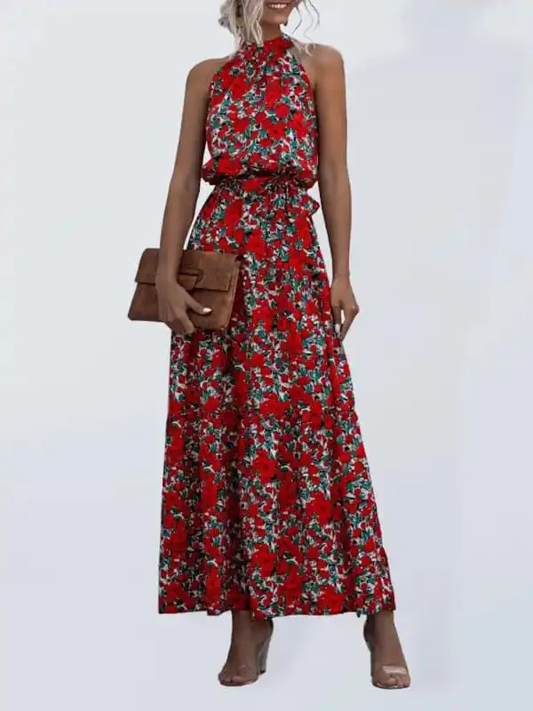 Women’s Abstract Floral Halter Neck Maxi Dress