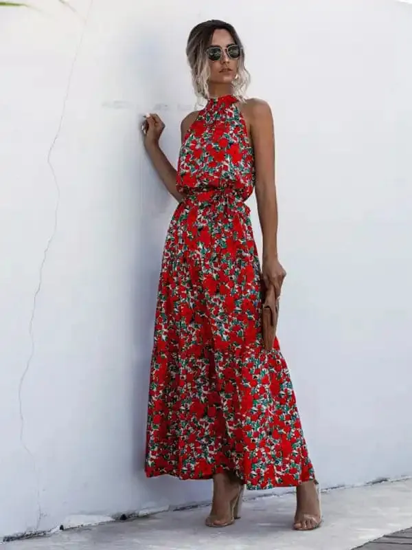 Women’s Abstract Floral Halter Neck Maxi Dress