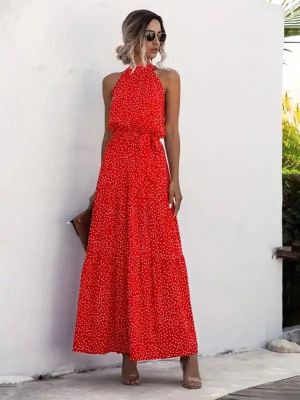 Women’s Abstract Floral Halter Neck Maxi Dress
