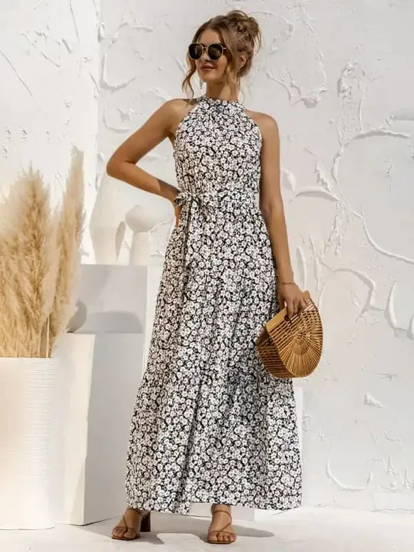 Women’s Abstract Floral Halter Neck Maxi Dress
