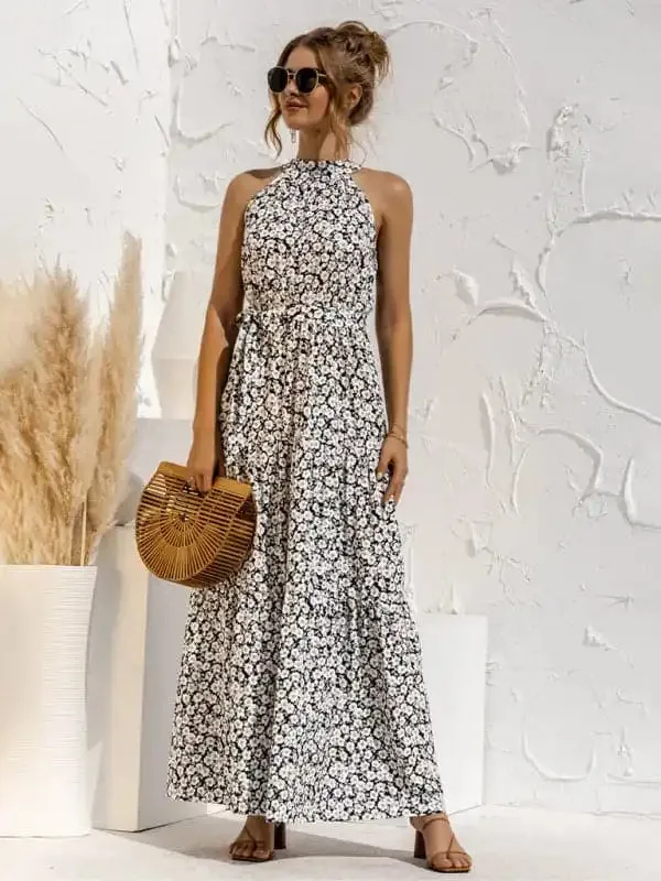 Women’s Abstract Floral Halter Neck Maxi Dress