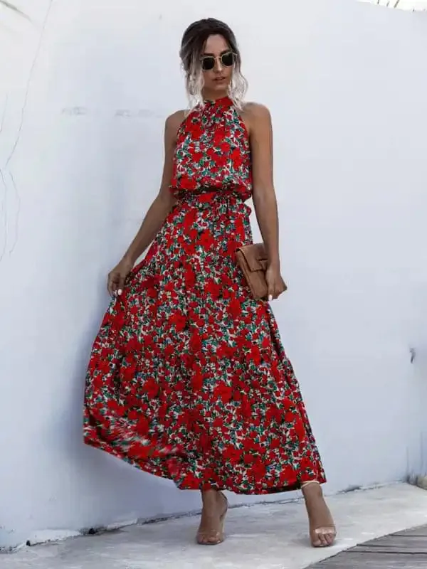 Women’s Abstract Floral Halter Neck Maxi Dress