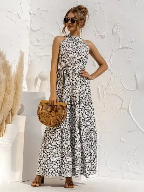 Women’s Abstract Floral Halter Neck Maxi Dress
