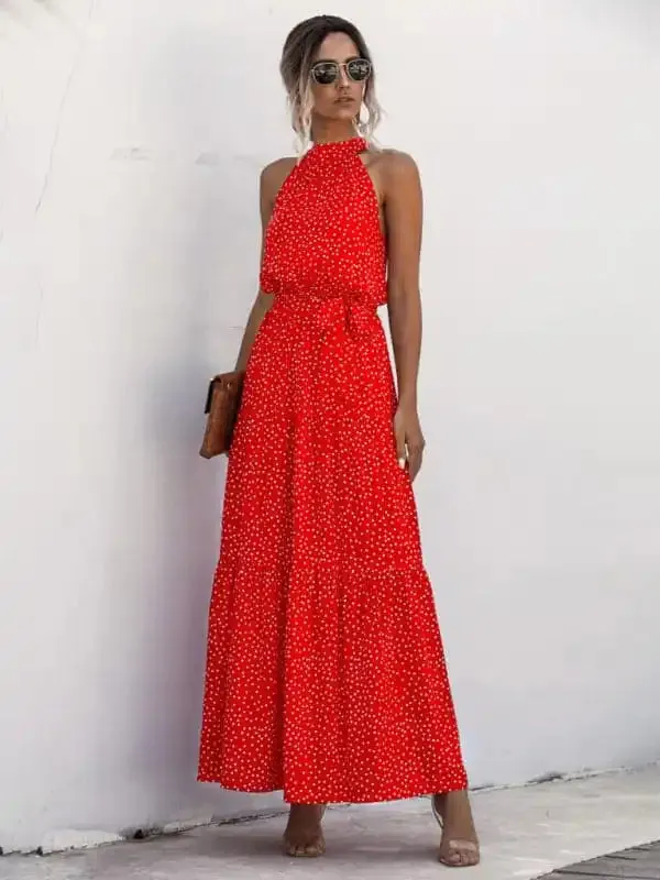 Women’s Abstract Floral Halter Neck Maxi Dress