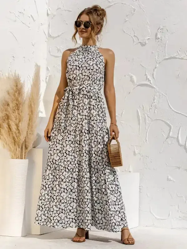 Women’s Abstract Floral Halter Neck Maxi Dress