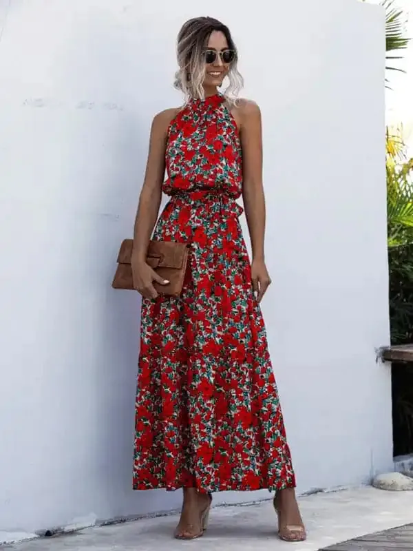 Women’s Abstract Floral Halter Neck Maxi Dress