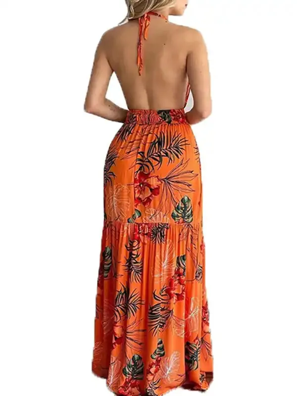 Women’s Abstract Floral Halter Neck Maxi Dress