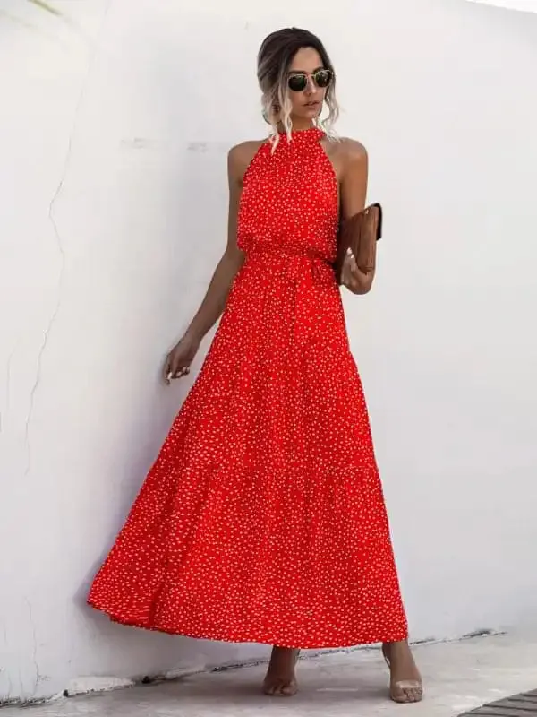 Women’s Abstract Floral Halter Neck Maxi Dress