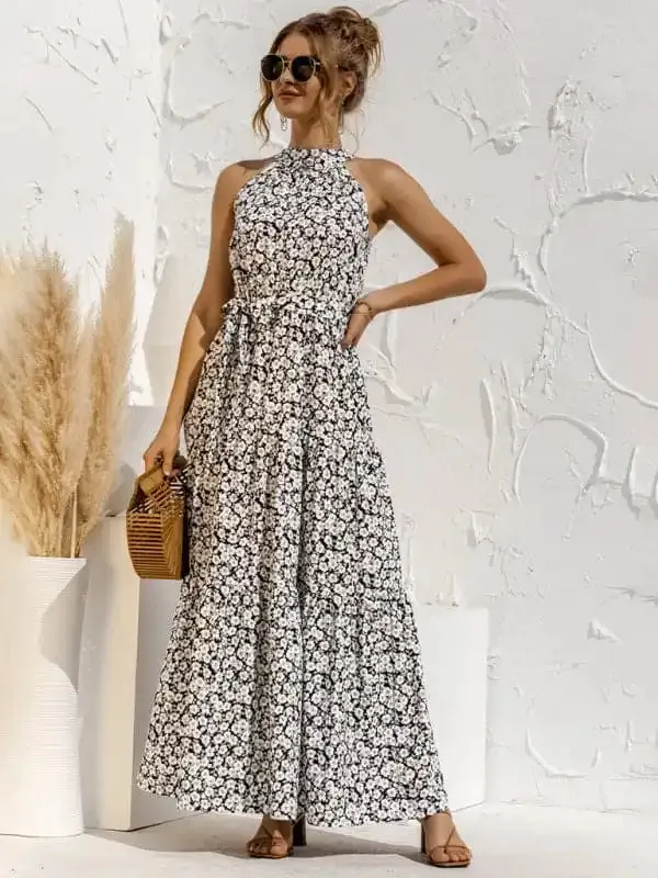 Women’s Abstract Floral Halter Neck Maxi Dress