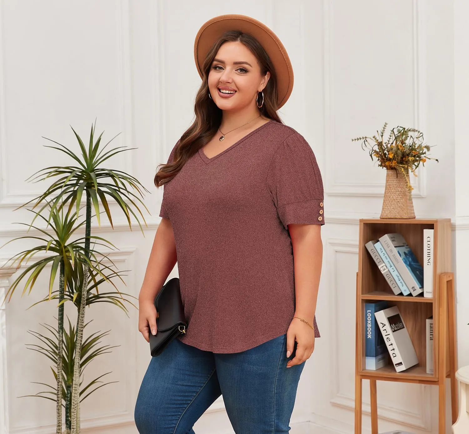 Women's Button Plus Size Tops Pleated Puff Sleeve V Neck Blouses Summer Casual Tunic T Shirt