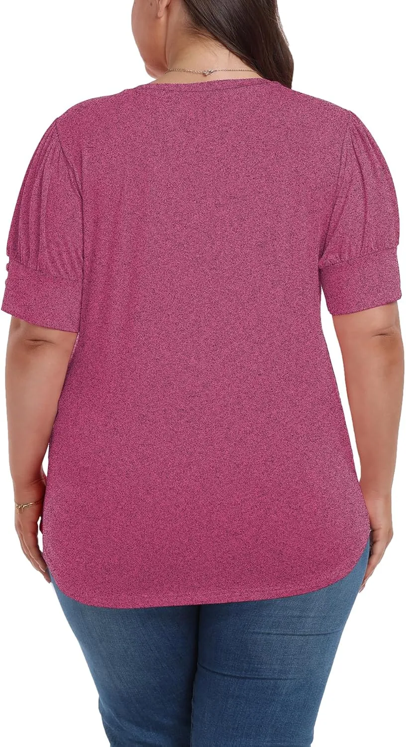 Women's Button Plus Size Tops Pleated Puff Sleeve V Neck Blouses Summer Casual Tunic T Shirt