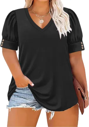 Women's Button Plus Size Tops Pleated Puff Sleeve V Neck Blouses Summer Casual Tunic T Shirt