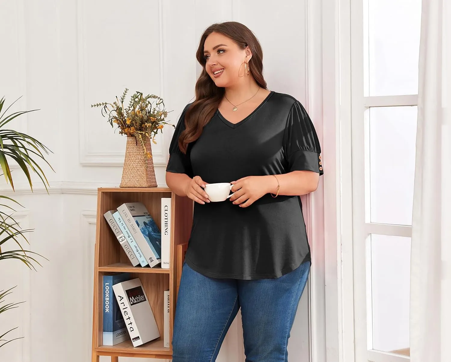 Women's Button Plus Size Tops Pleated Puff Sleeve V Neck Blouses Summer Casual Tunic T Shirt