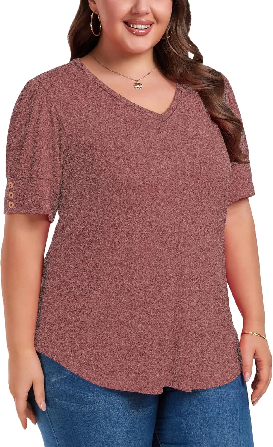 Women's Button Plus Size Tops Pleated Puff Sleeve V Neck Blouses Summer Casual Tunic T Shirt