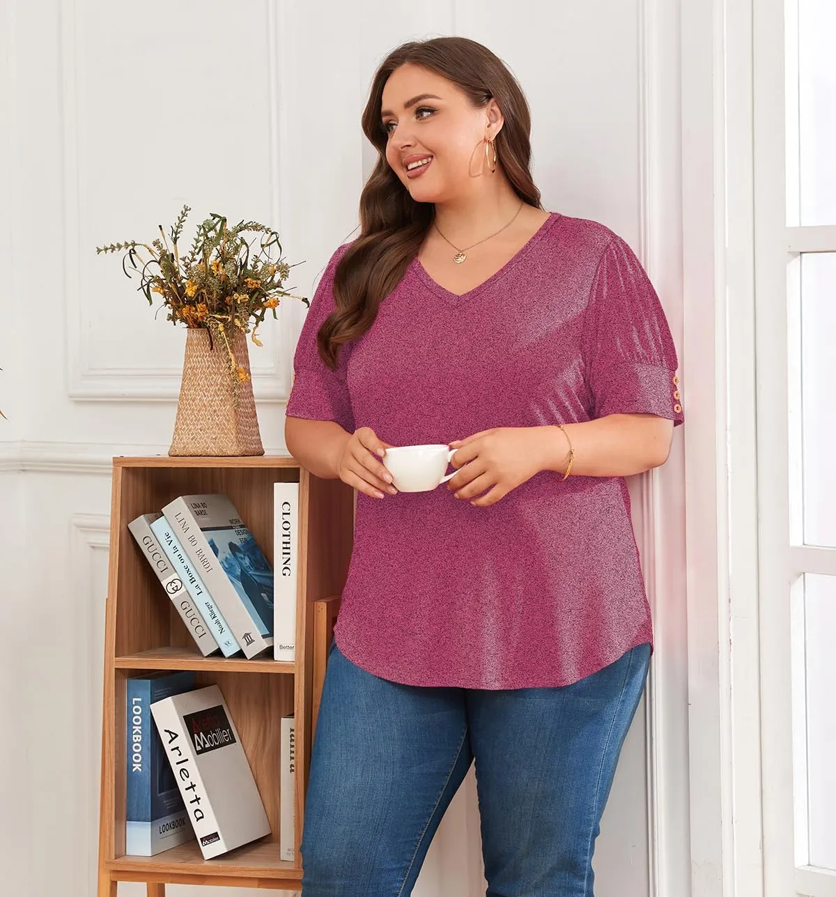 Women's Button Plus Size Tops Pleated Puff Sleeve V Neck Blouses Summer Casual Tunic T Shirt
