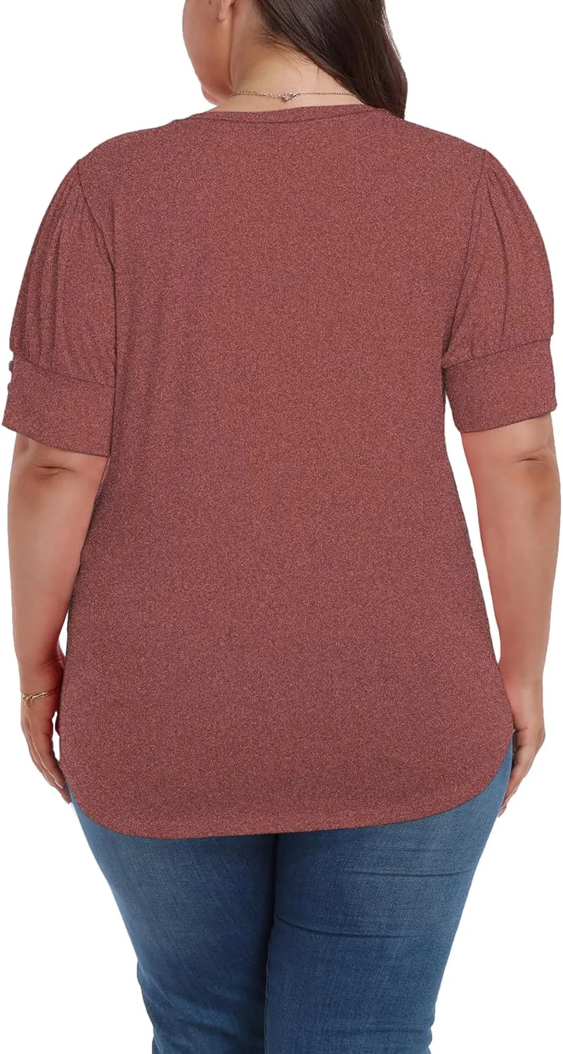 Women's Button Plus Size Tops Pleated Puff Sleeve V Neck Blouses Summer Casual Tunic T Shirt