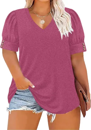 Women's Button Plus Size Tops Pleated Puff Sleeve V Neck Blouses Summer Casual Tunic T Shirt