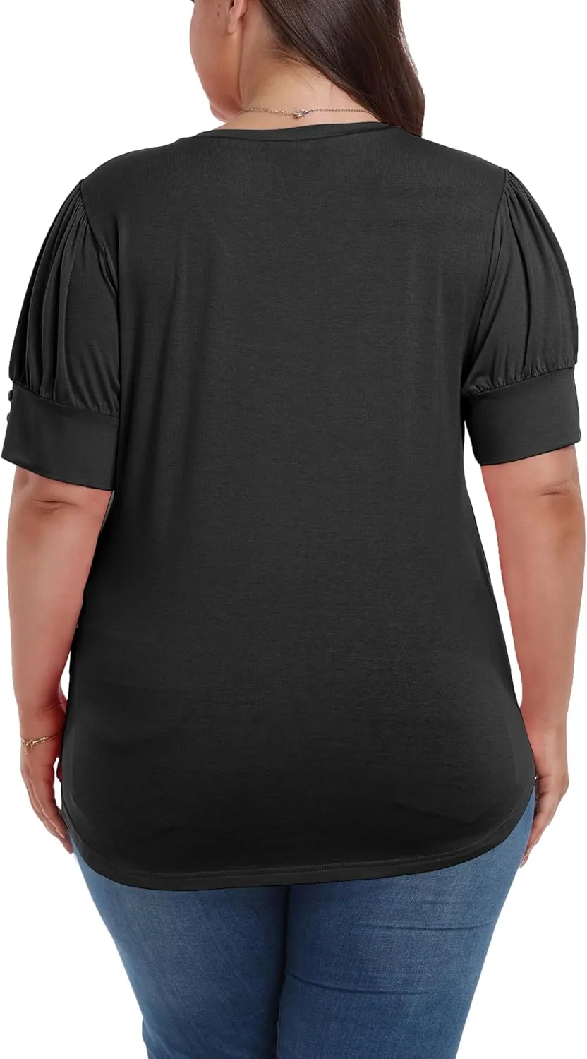 Women's Button Plus Size Tops Pleated Puff Sleeve V Neck Blouses Summer Casual Tunic T Shirt