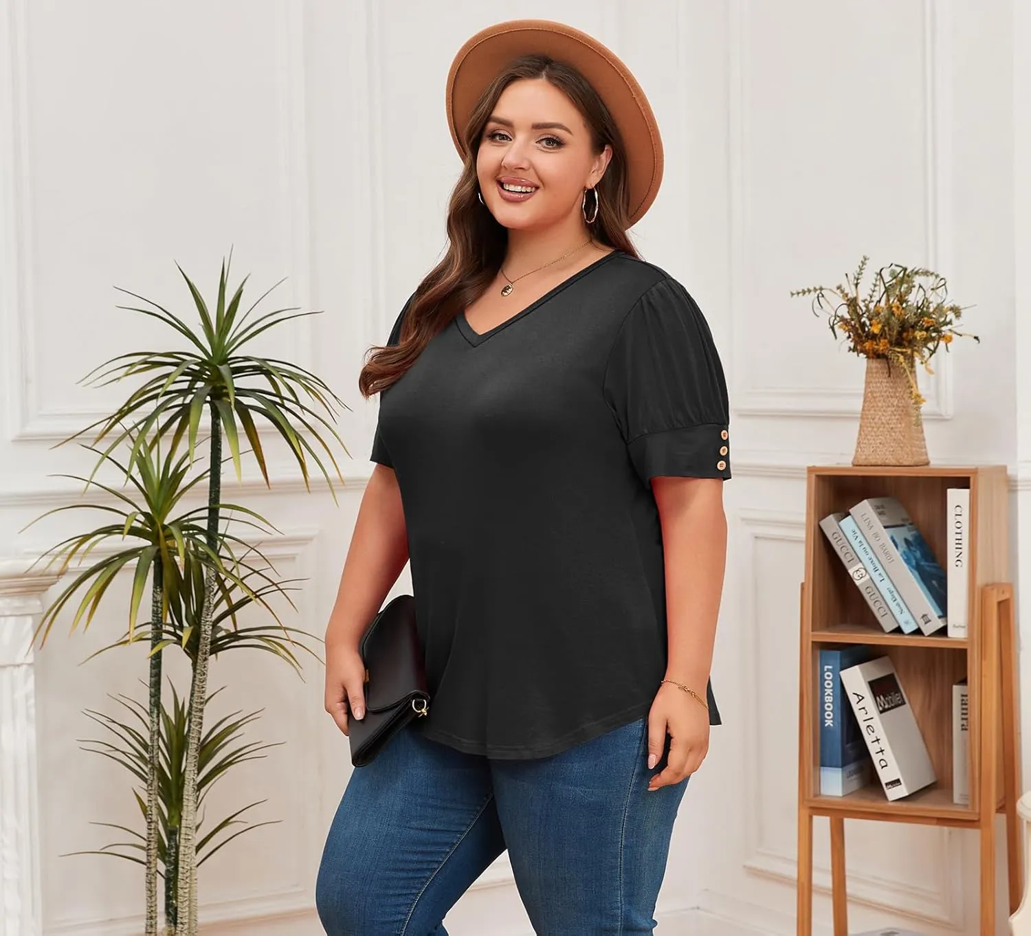 Women's Button Plus Size Tops Pleated Puff Sleeve V Neck Blouses Summer Casual Tunic T Shirt