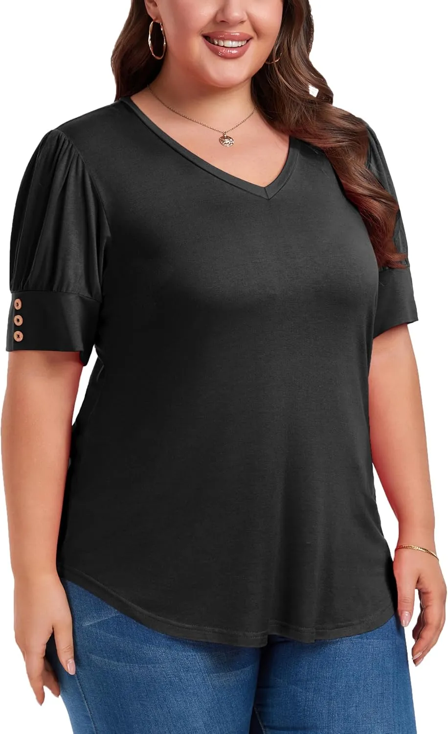 Women's Button Plus Size Tops Pleated Puff Sleeve V Neck Blouses Summer Casual Tunic T Shirt